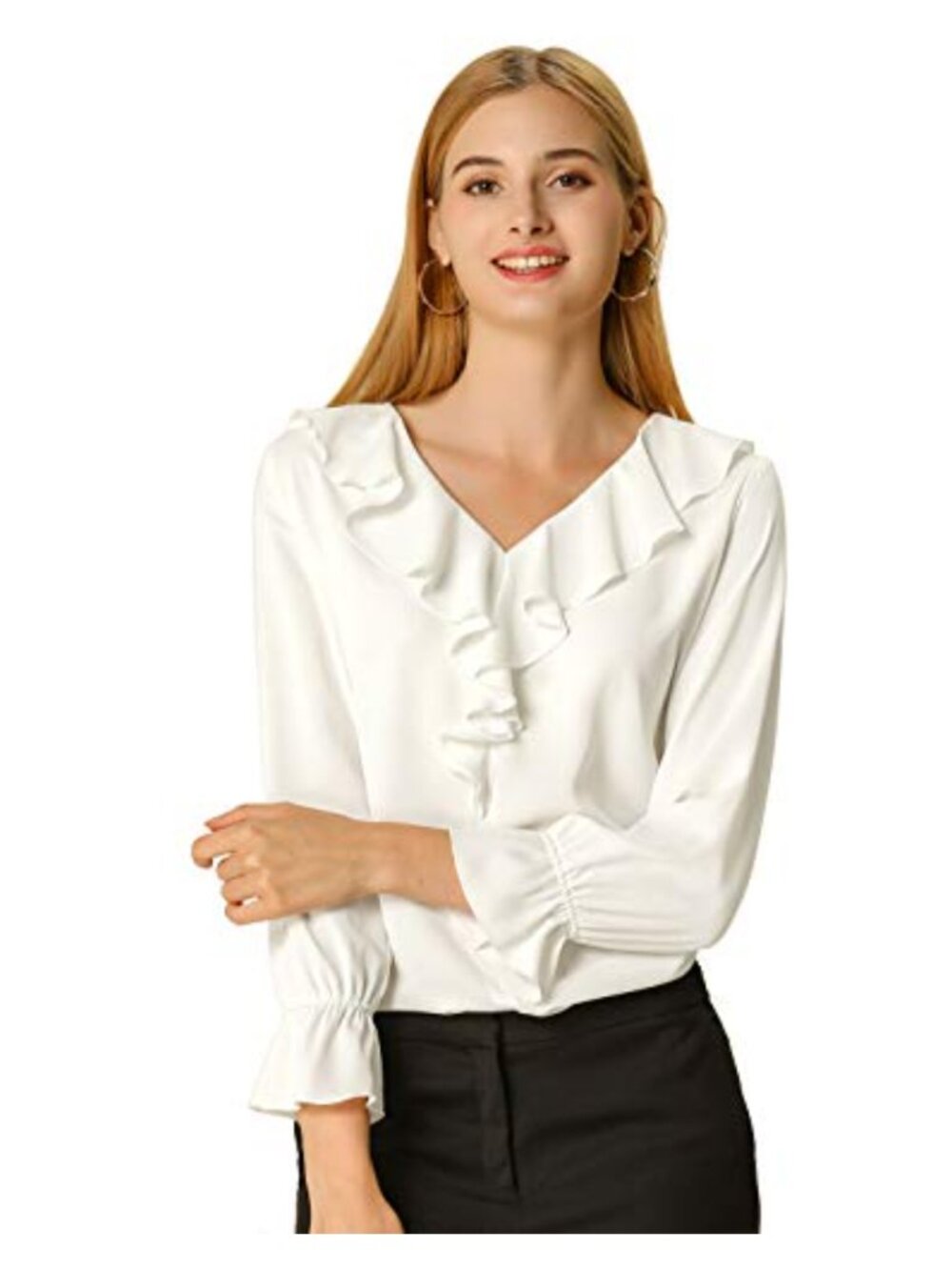 Women's Ruffle V Neck Blouse Long Sleeve Business Casual Top